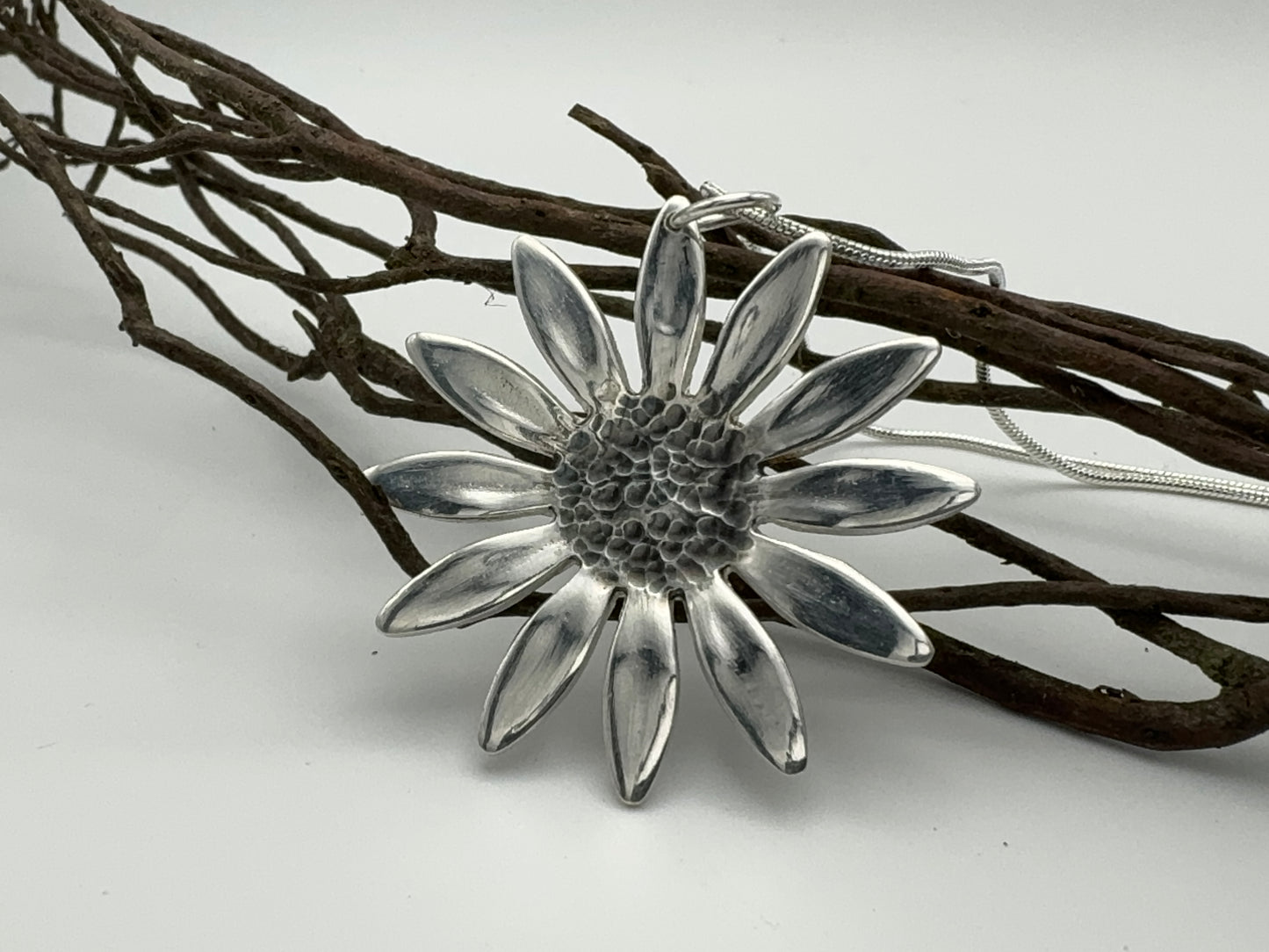 Large Daisy pendant necklace made from recycled sterling silver