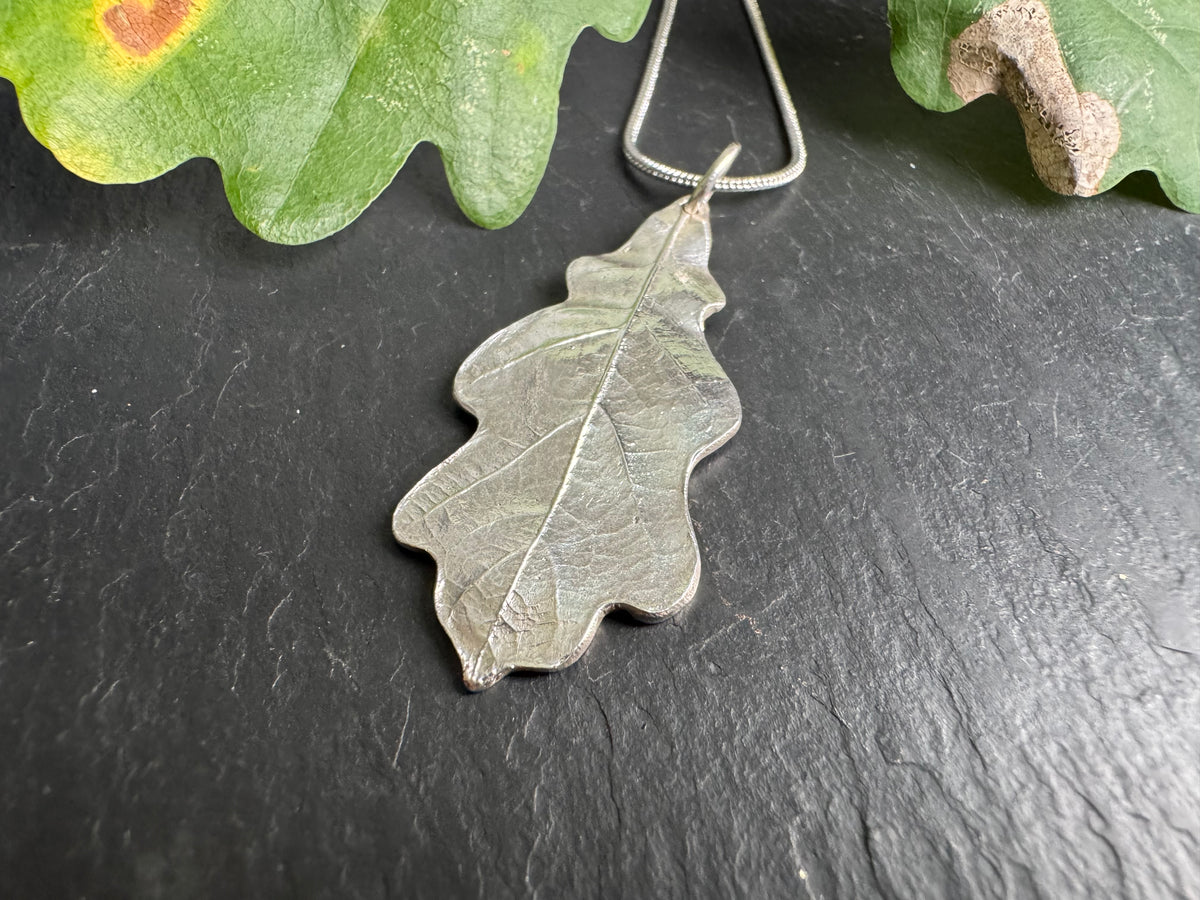 Handmade fine silver oak leaf pendant