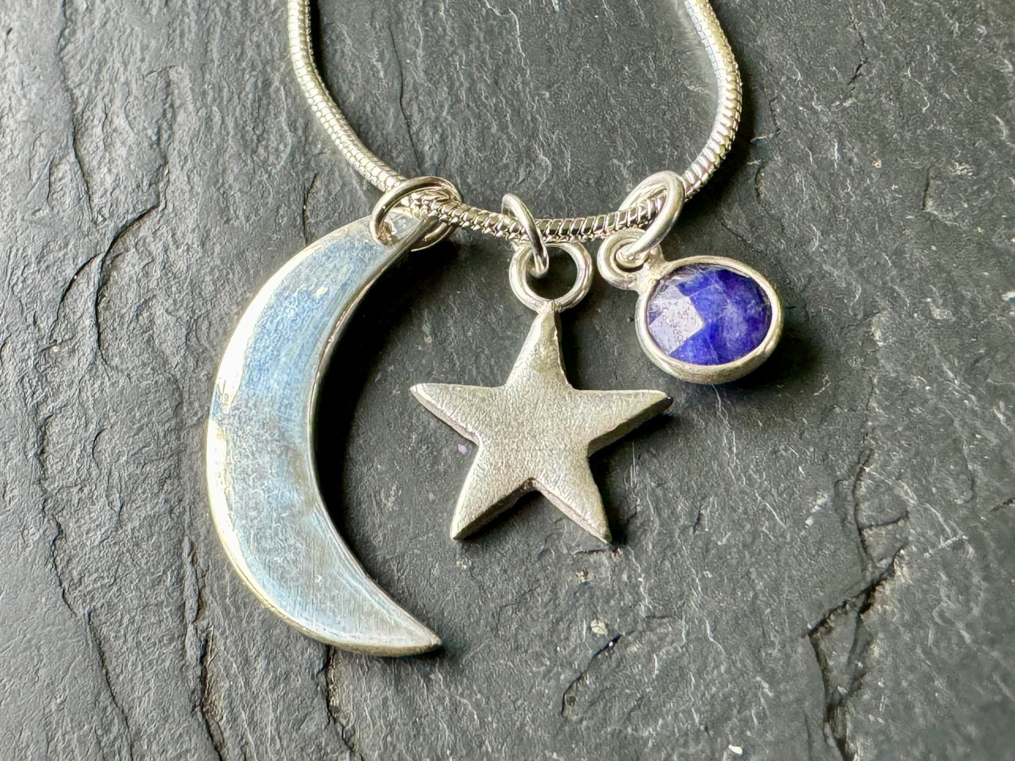 Handmade silver moon, star and gem necklace