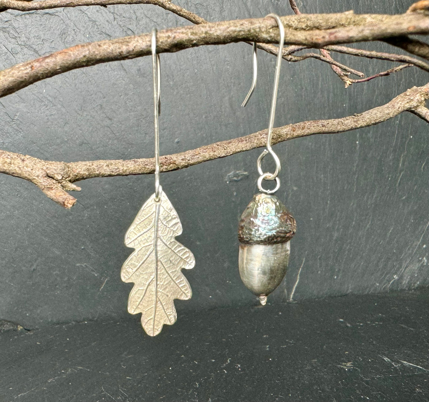 Oak and acorn silver earrings