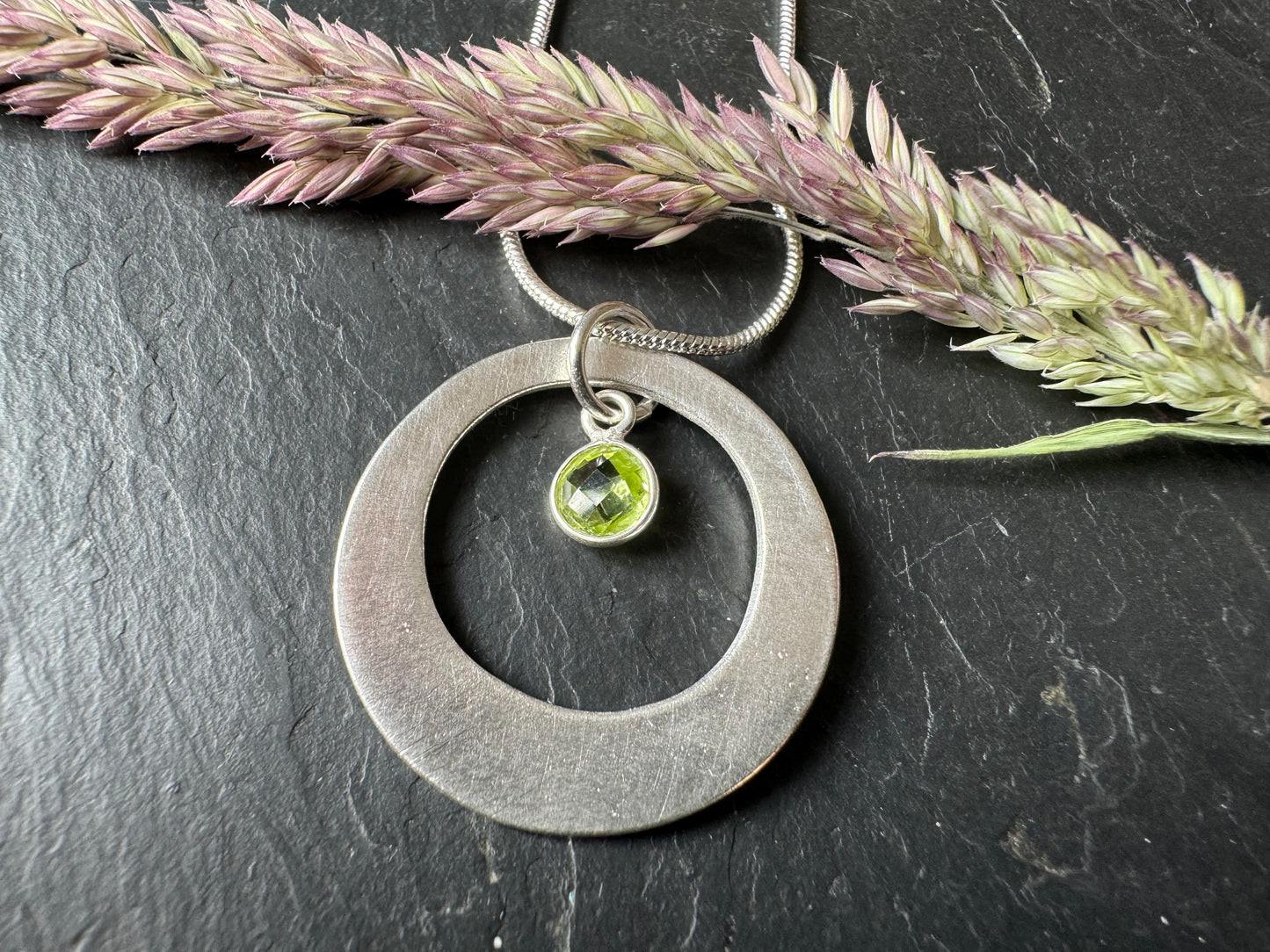 Handmade silver circle and gemstone pendant necklace
