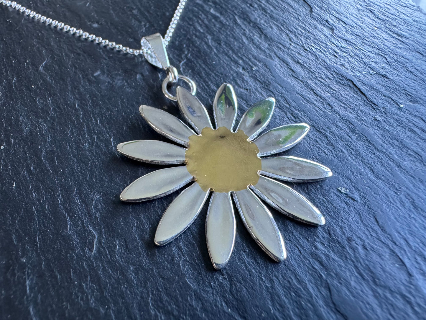 Large handmade silver and 24k gold daisy pendant