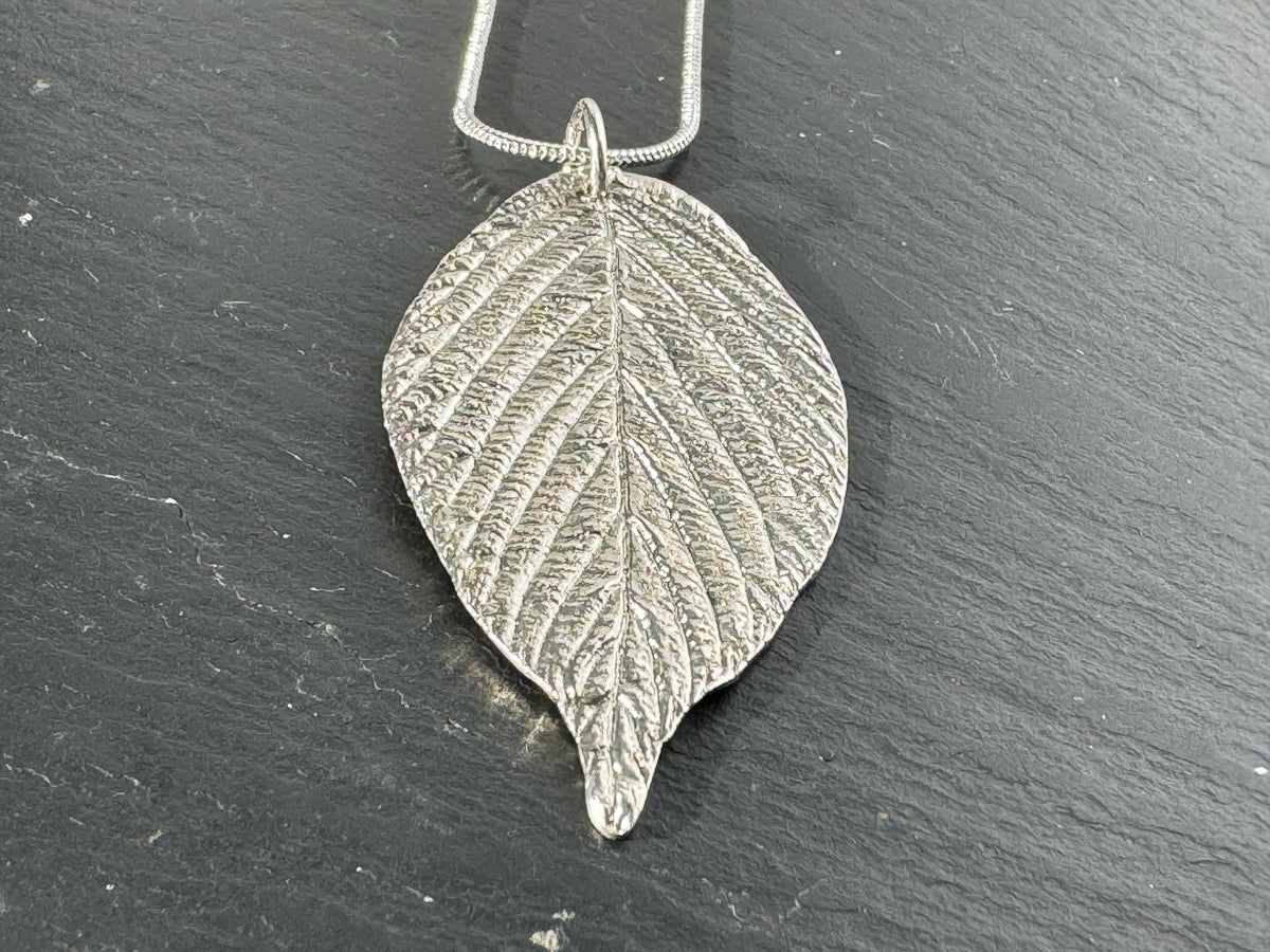 Handmade fine silver hydrangea leaf pendant necklace