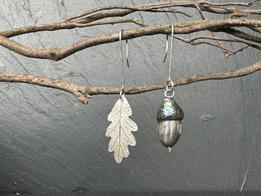 Oak and acorn silver earrings
