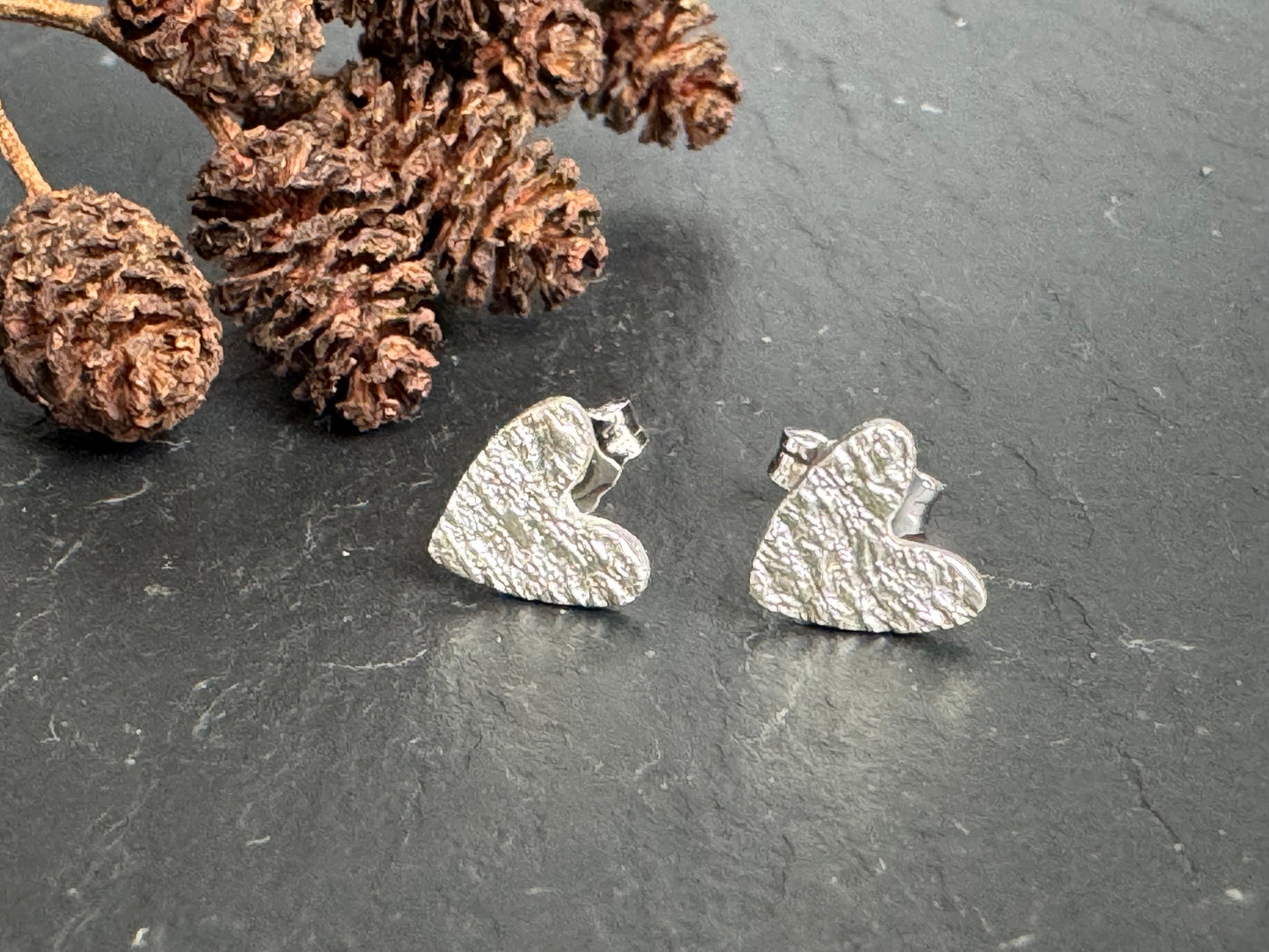 Handmade fine silver ripple heart stud earrings
