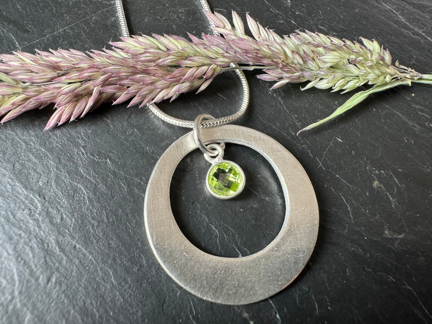Handmade silver circle and gemstone pendant necklace
