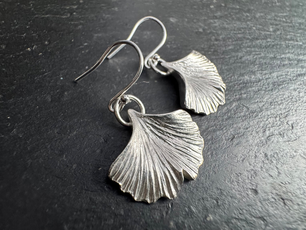 Ginkgo leaf silver drop earrings