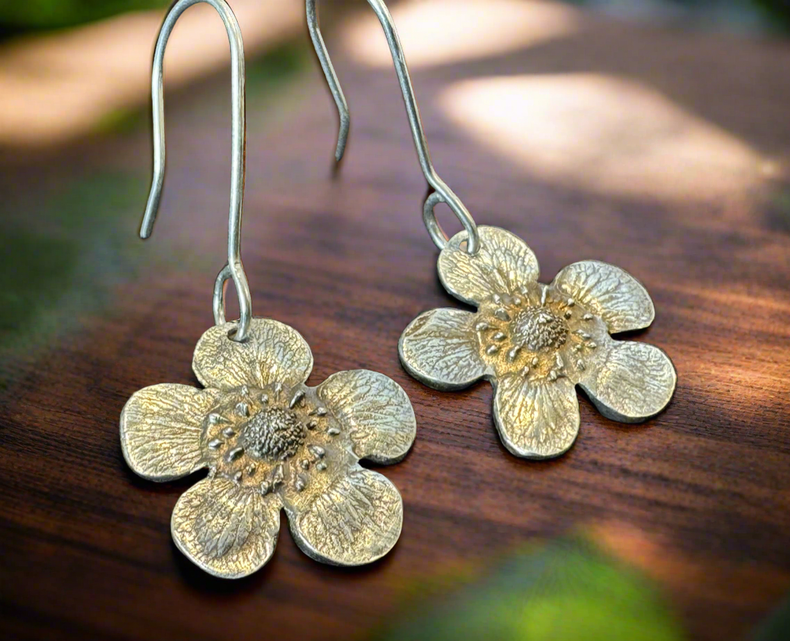 Handmade Fine Silver Strawberry flower earrings