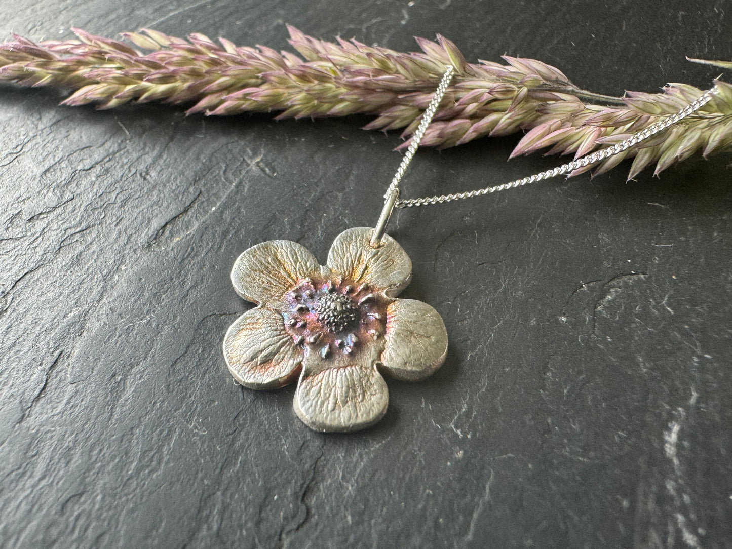 Handmade strawberry flower silver pendant necklace