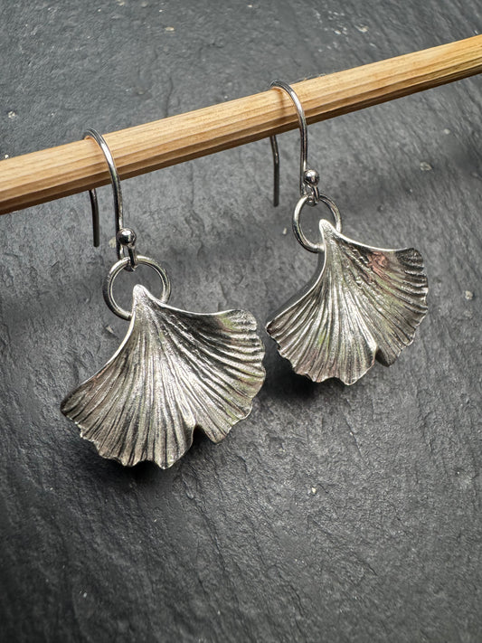 Ginkgo leaf silver drop earrings