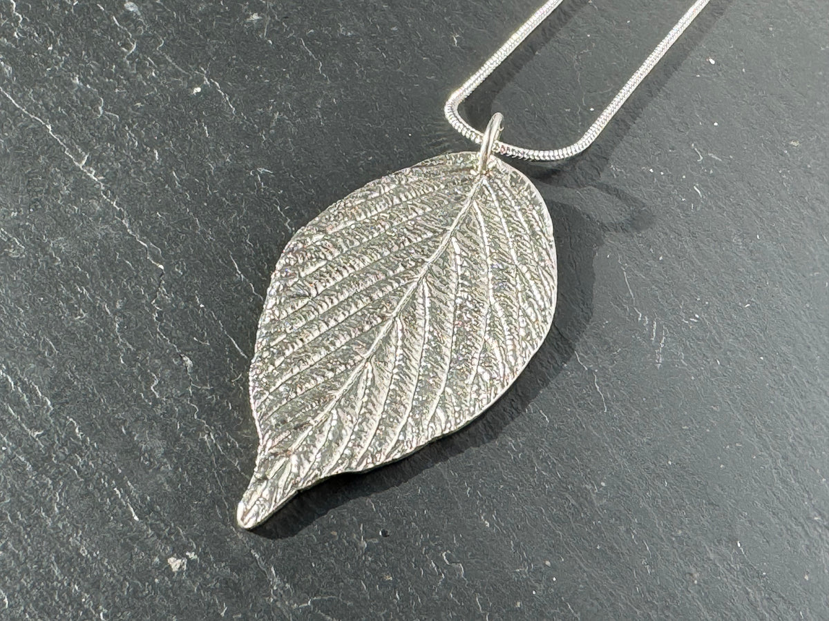 Handmade fine silver hydrangea leaf pendant necklace