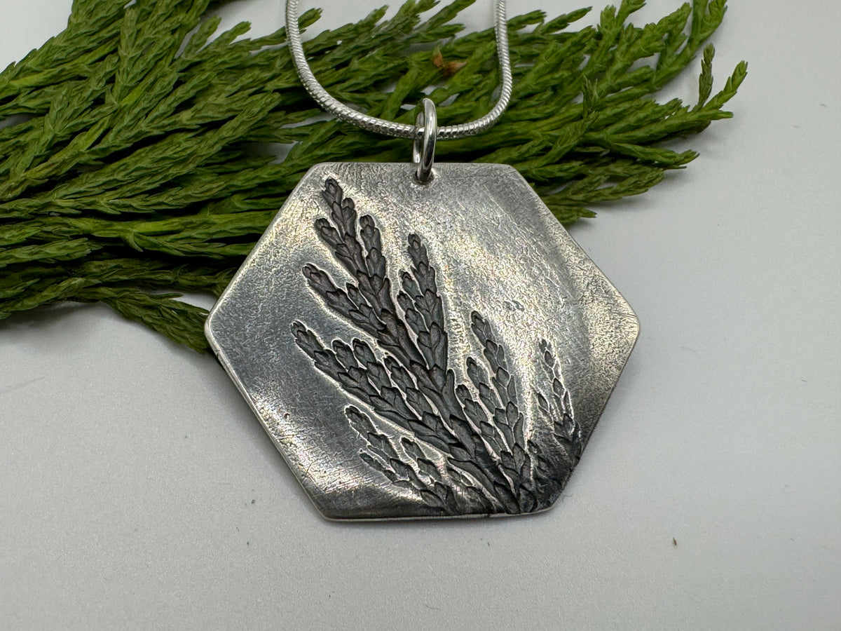Evergreen imprint on Hexagon Silver Pendant