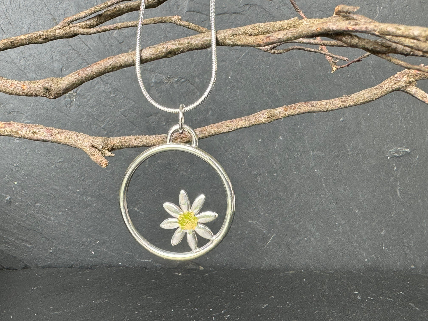 Daisy in hoop pendant - sterling silver and 24k gold detail