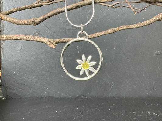 Daisy in hoop pendant - sterling silver and 24k gold detail