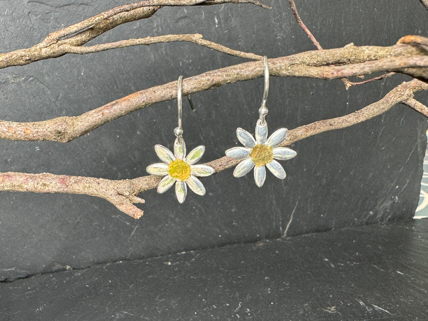 Daisy dangly earrings - sterling silver and 24k gold detail