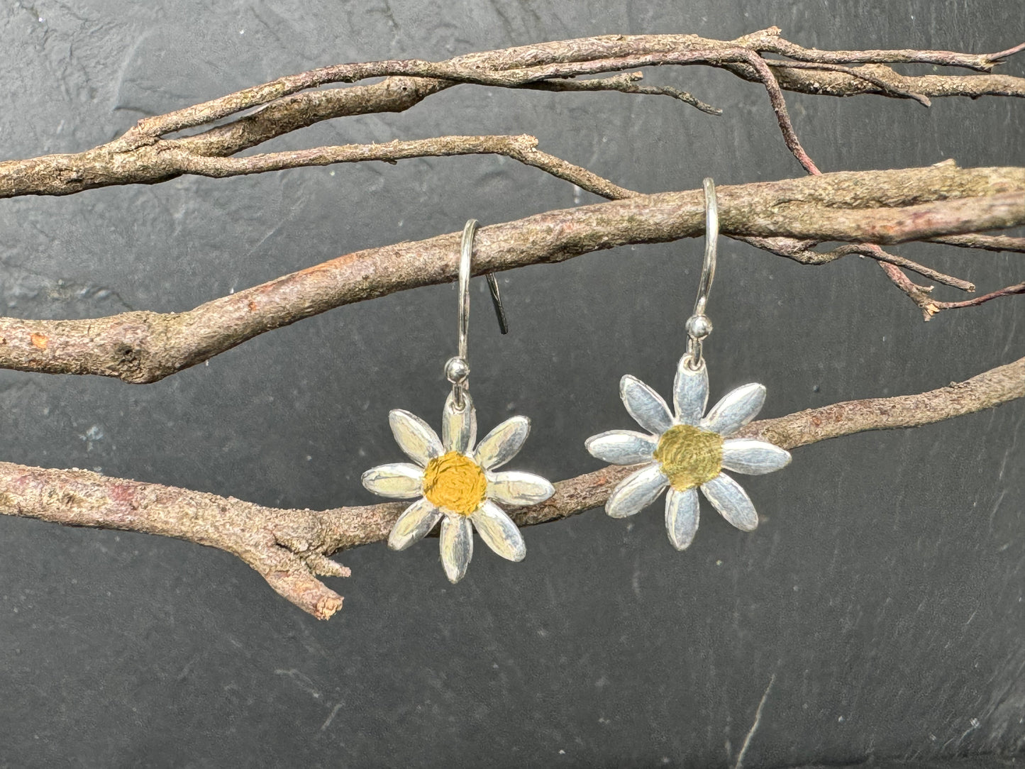 Daisy dangly earrings - sterling silver and 24k gold detail
