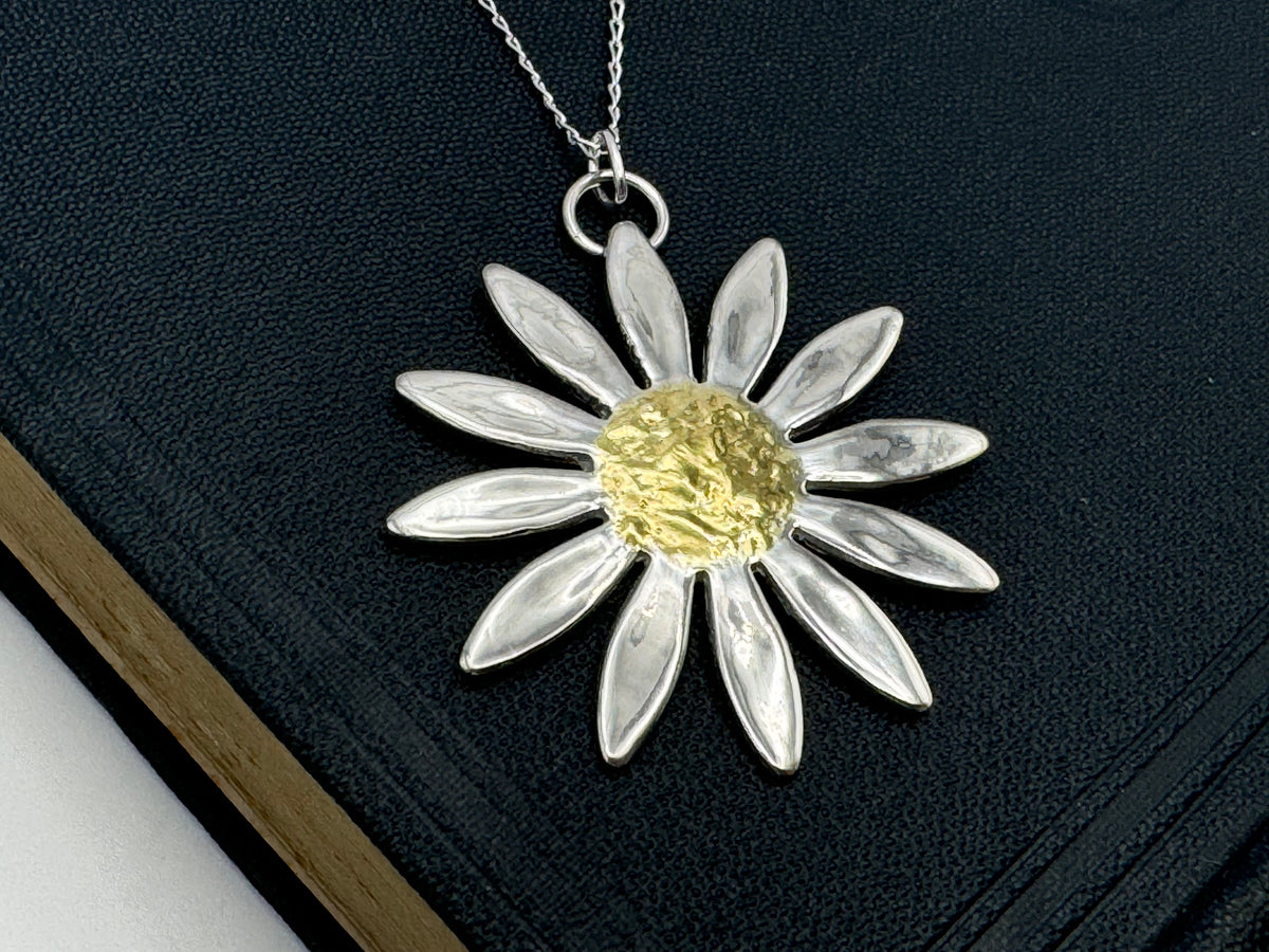 Large handmade silver and 24k gold daisy pendant