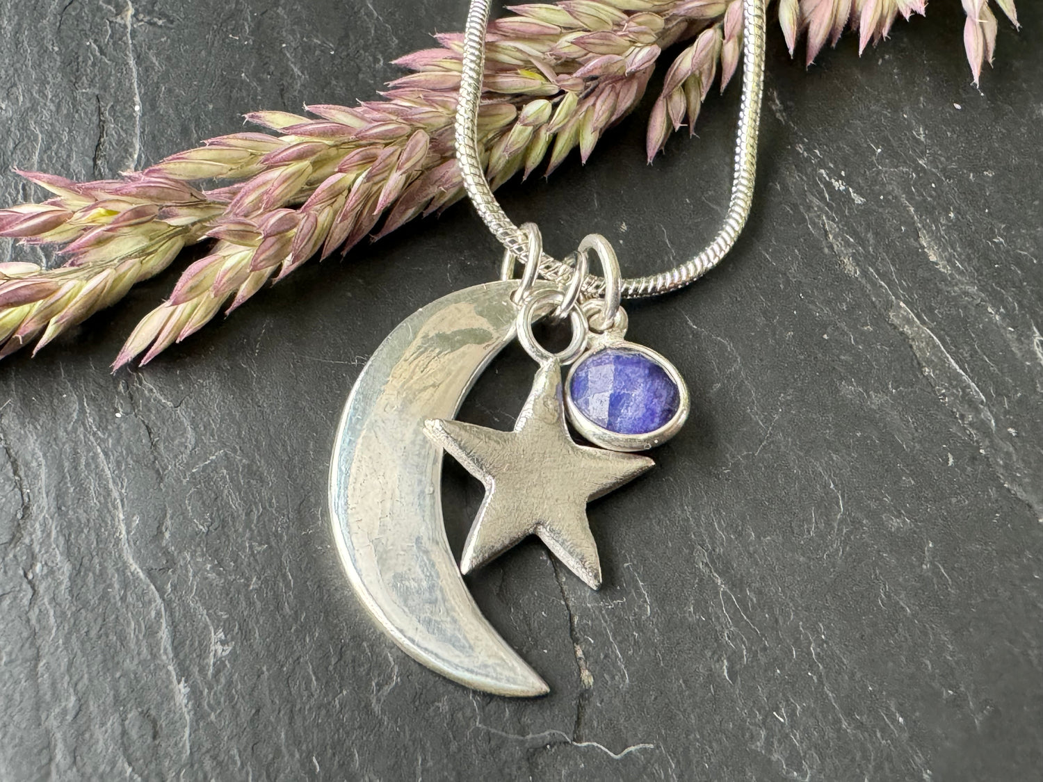 Handmade silver moon, star and semi- precious gem on a silver snake chain necklace