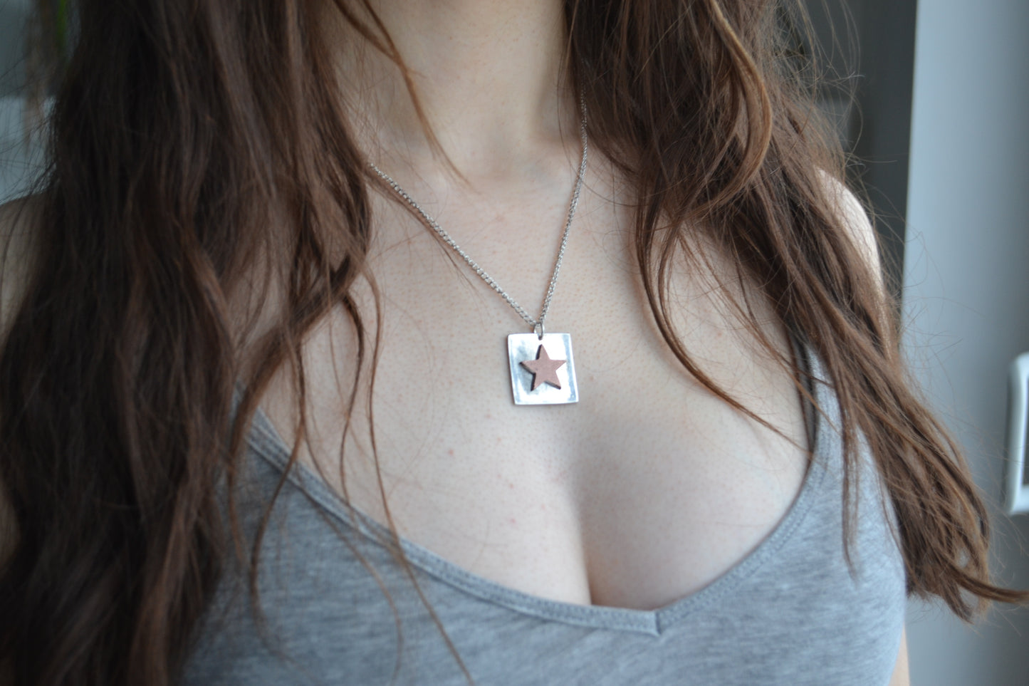 Handmade fine silver and copper star square pendant necklace