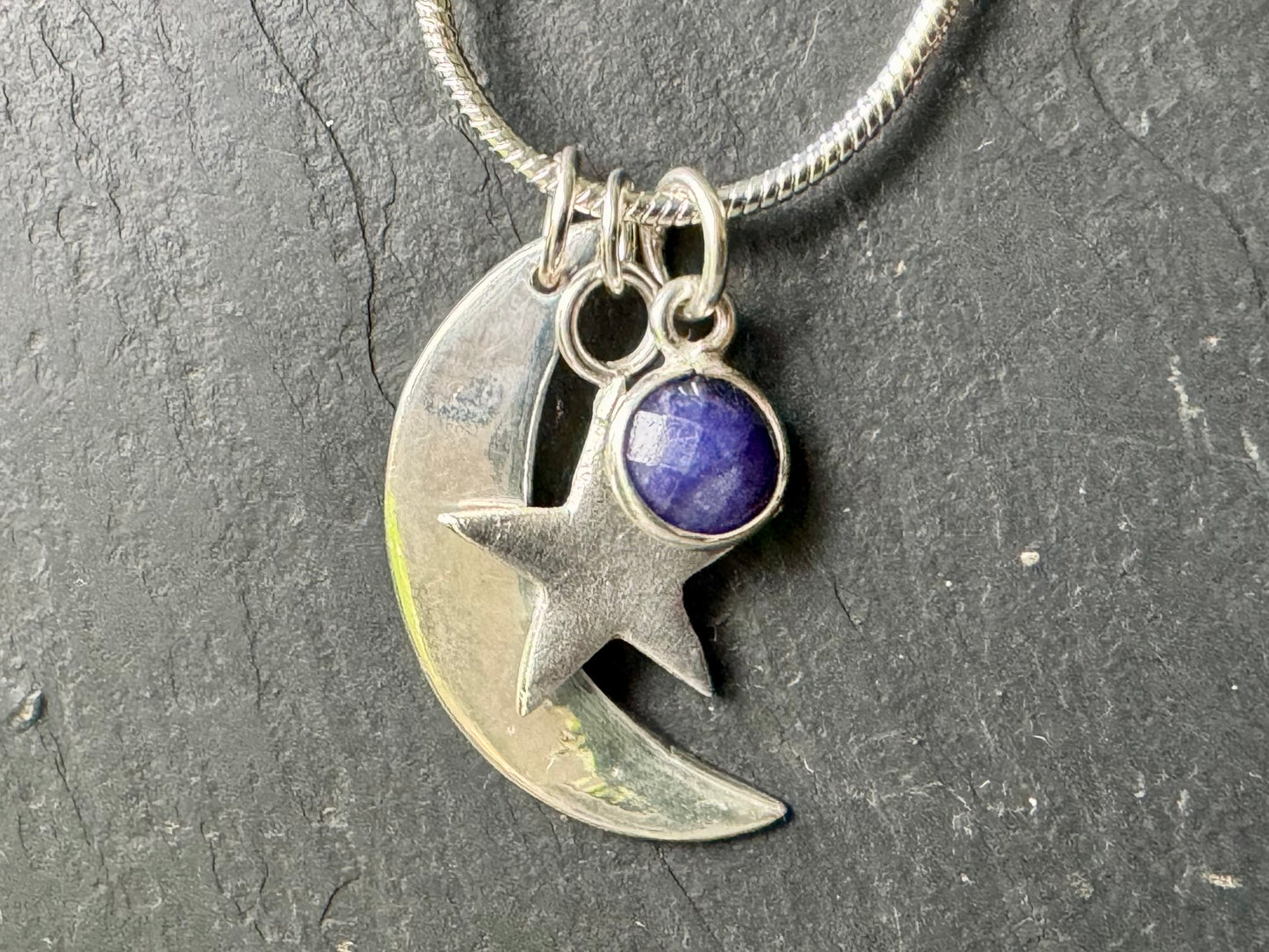 Handmade silver moon, star and gem necklace