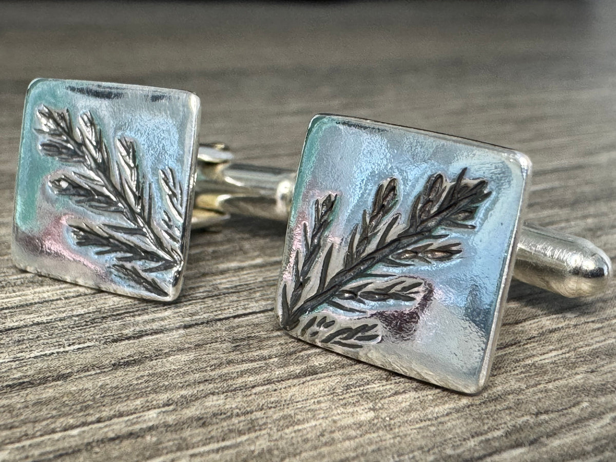 Evergreen Leaf Square Silver Cuff Links