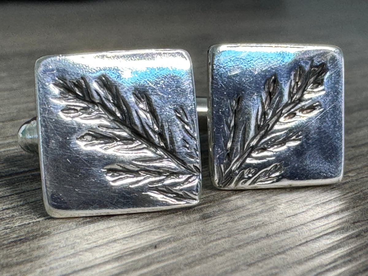 Evergreen Leaf Square Silver Cuff Links