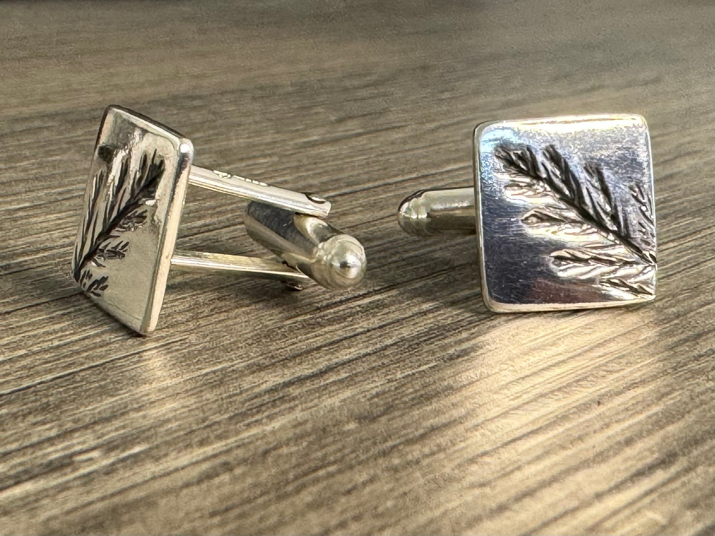 Evergreen Leaf Square Silver Cuff Links