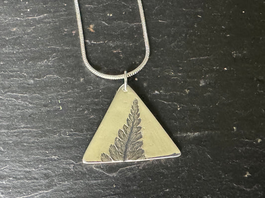 Fern imprint handmade triangle pendant in fine silver