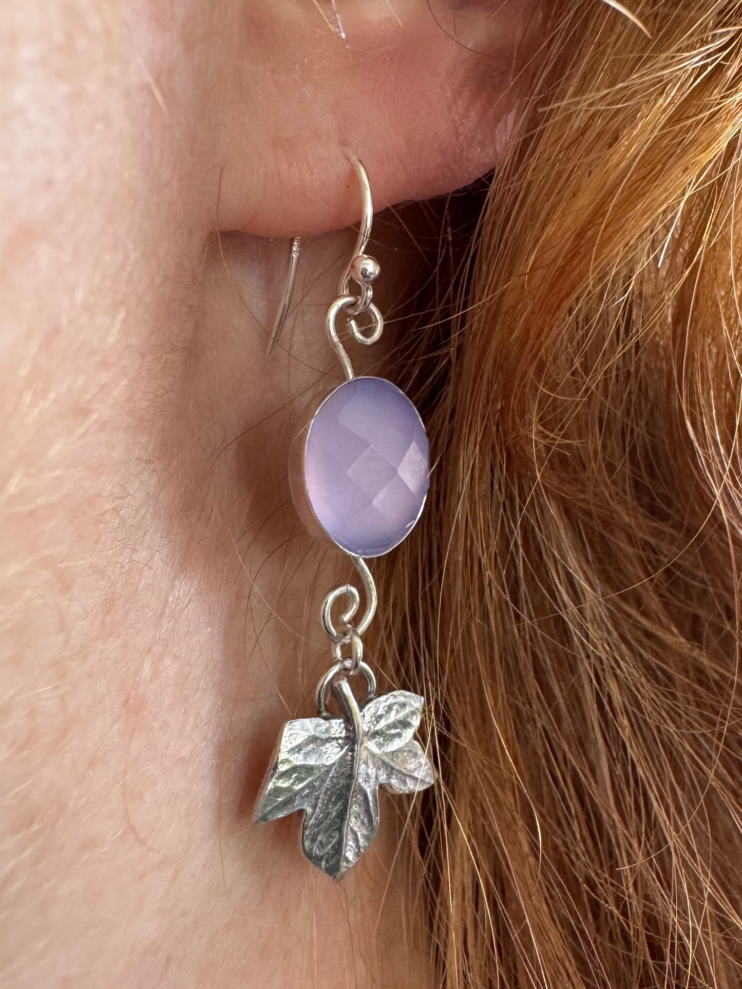 Lavender chalcedony and ivy leaf silver dangly earrings