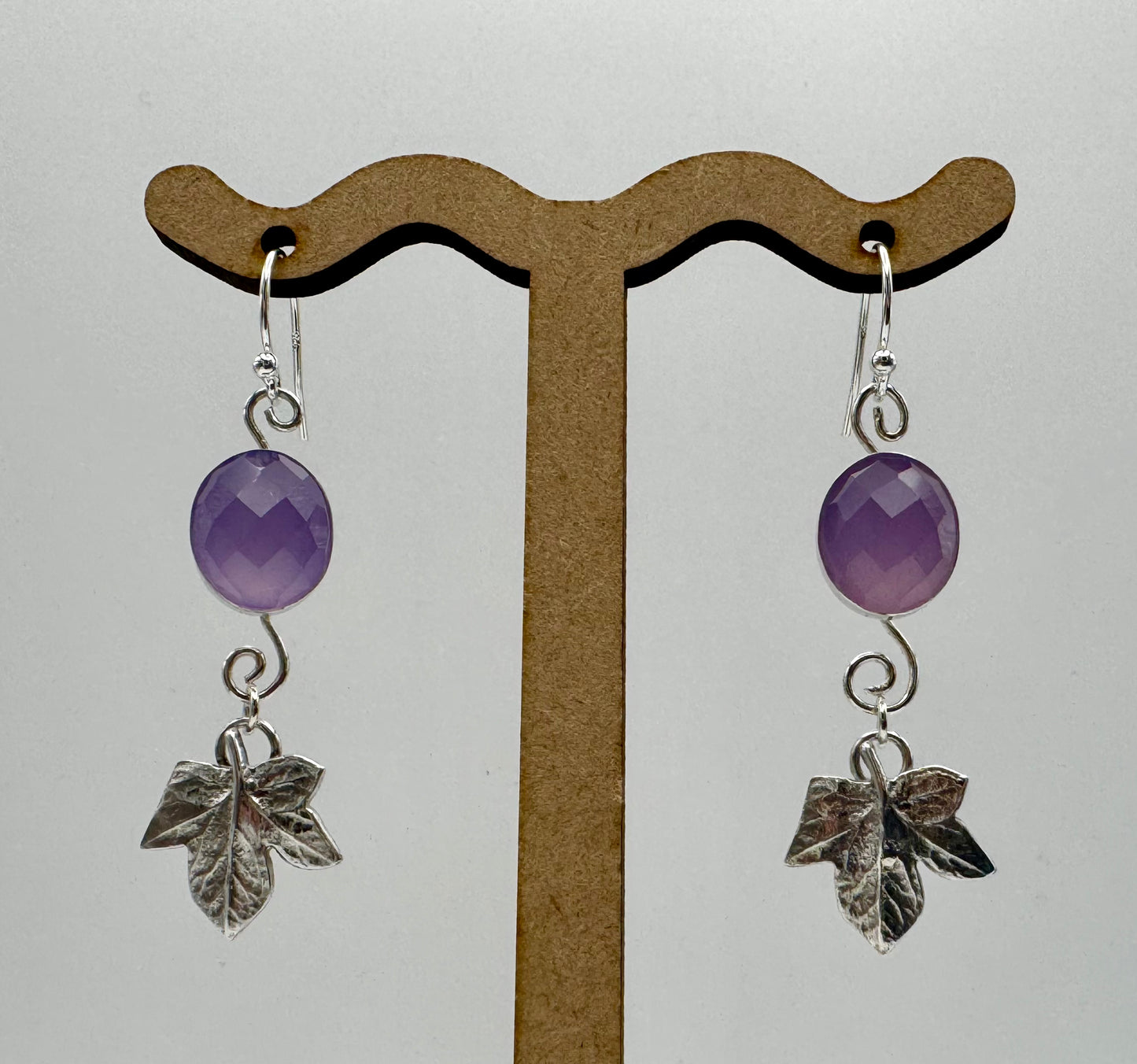 Lavender chalcedony and ivy leaf silver dangly earrings