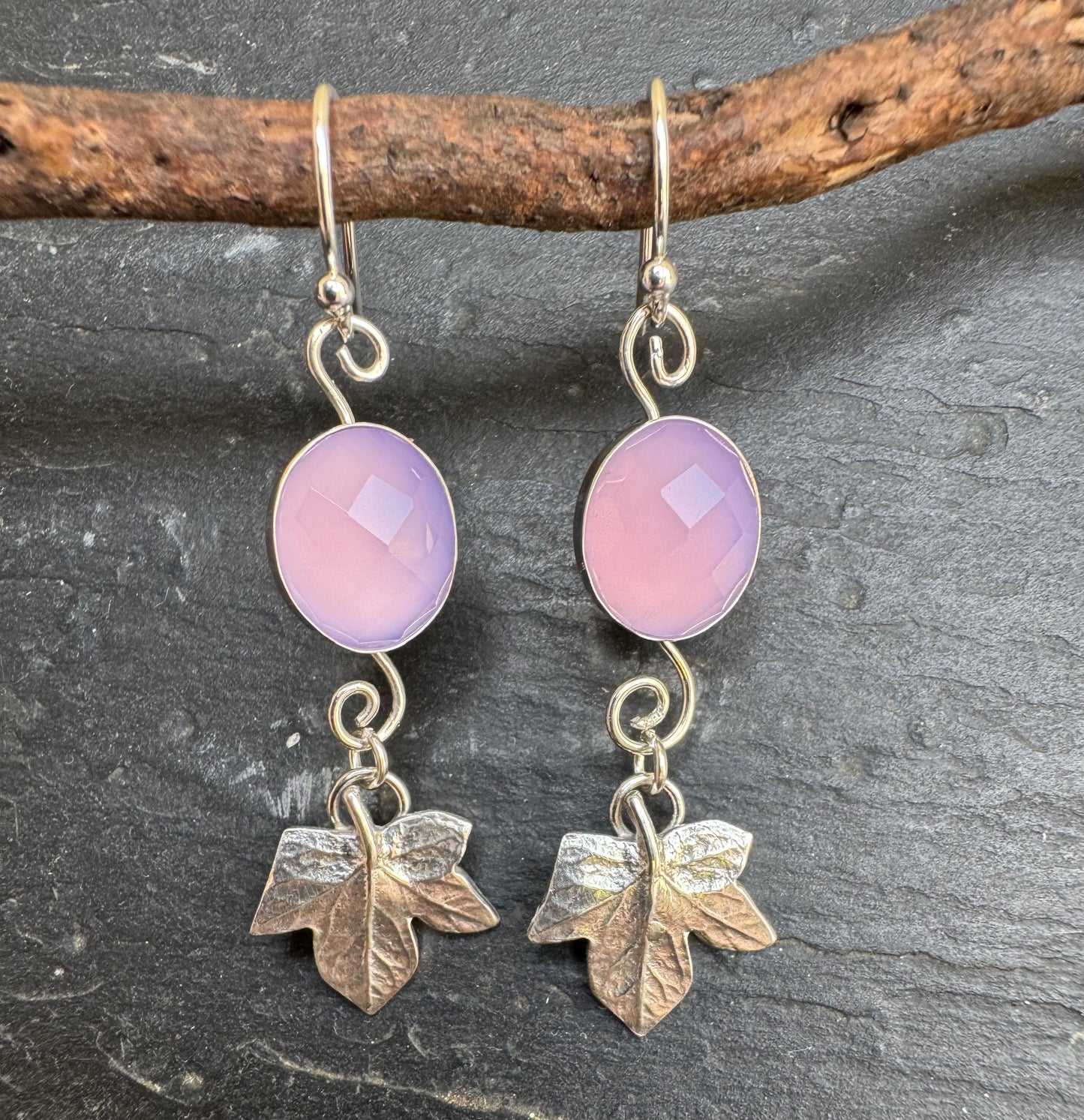 Lavender chalcedony and ivy leaf silver dangly earrings