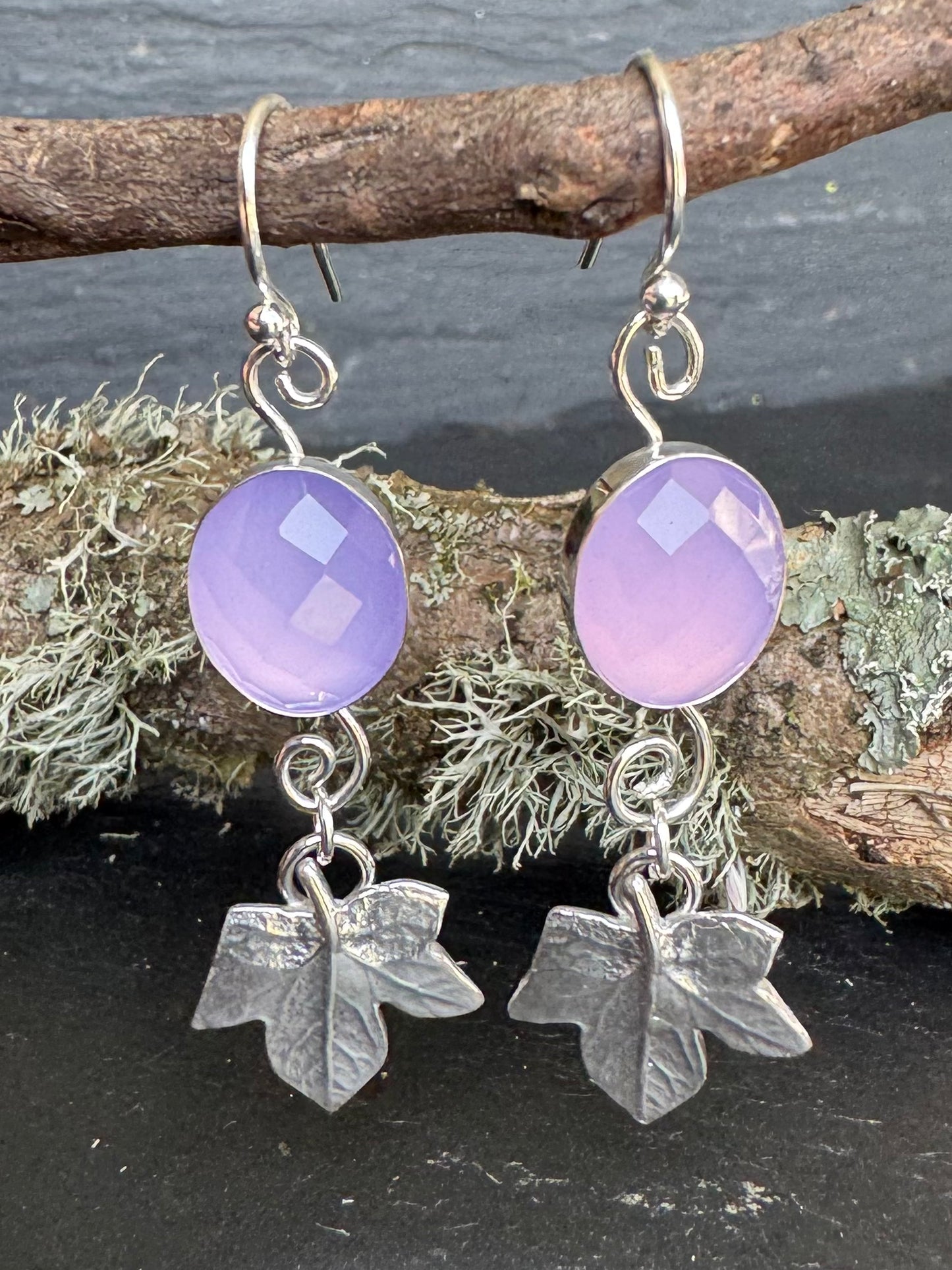 Lavender chalcedony and ivy leaf silver dangly earrings