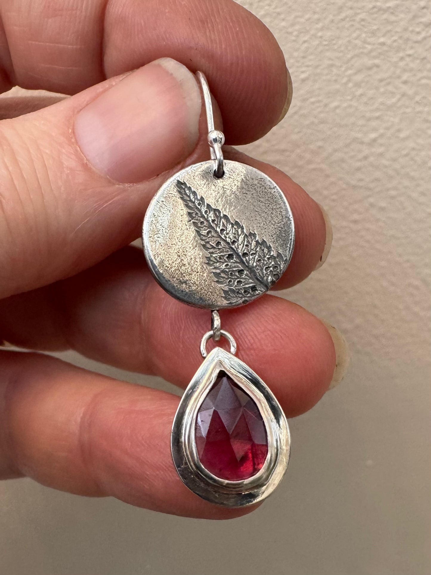 Garnet and Fern silver dangly earrings