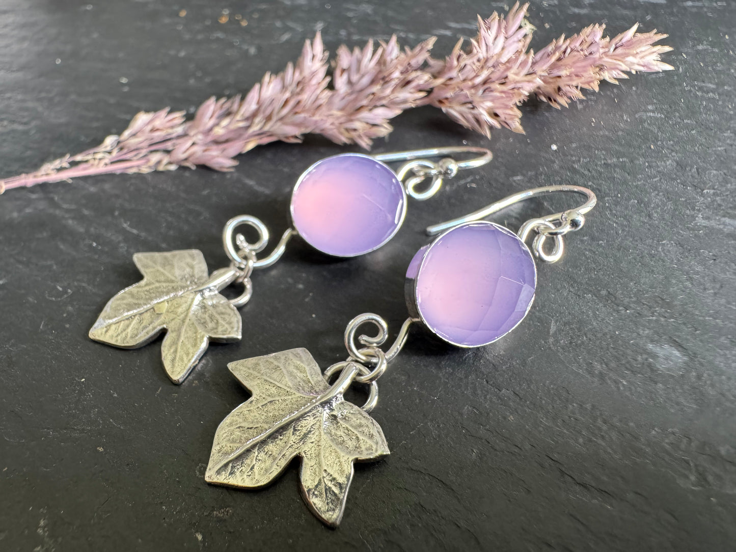 Lavender chalcedony and ivy leaf silver dangly earrings