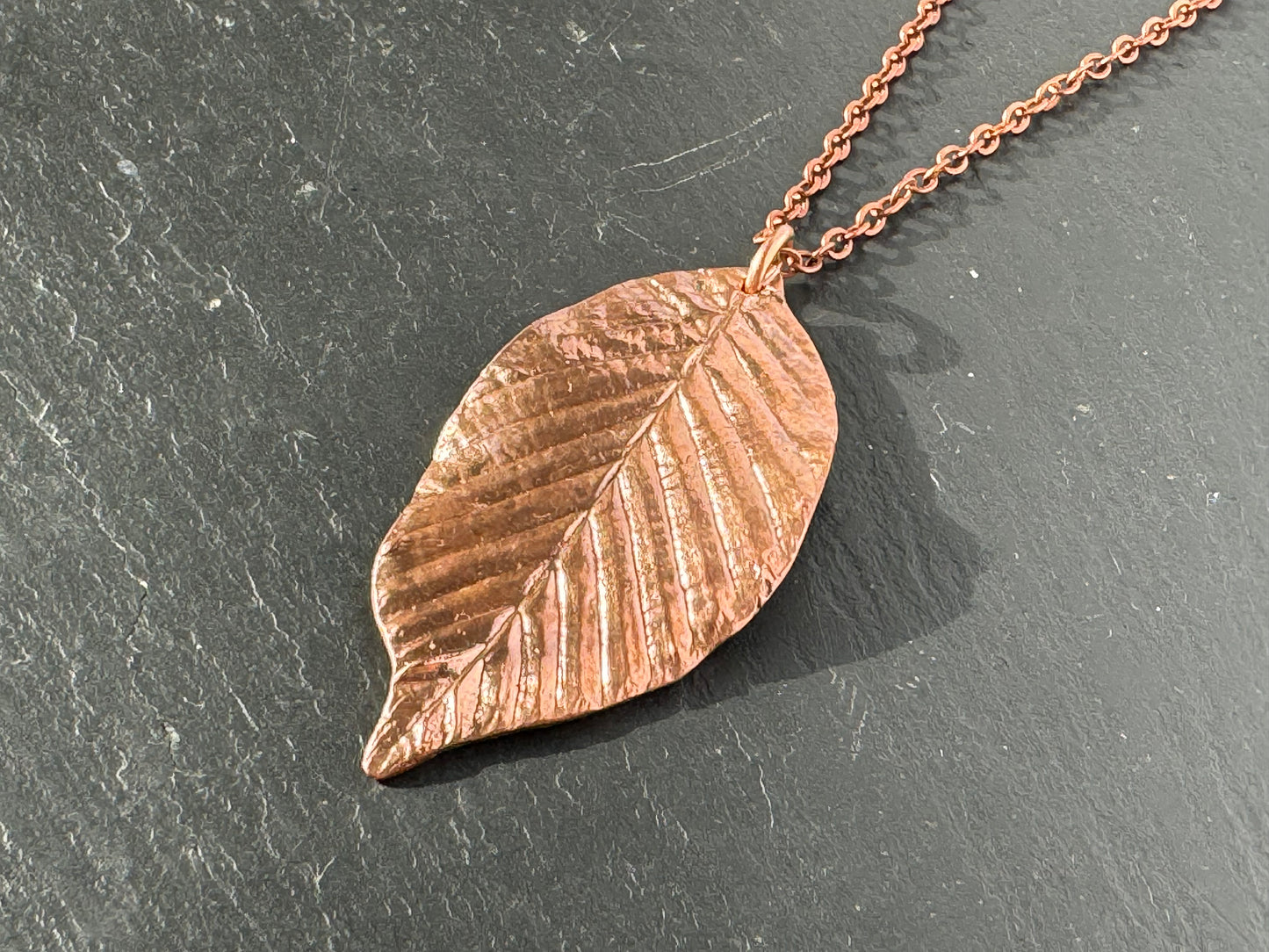 Handmade Copper Beech leaf pendant necklace
