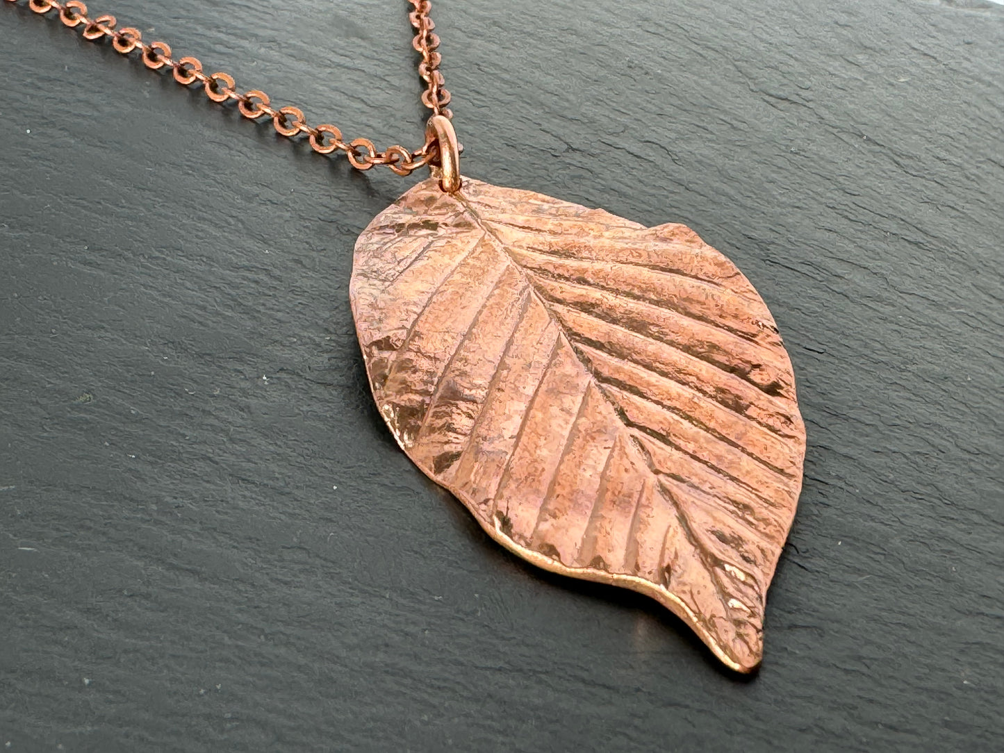 Handmade Copper Beech leaf pendant necklace