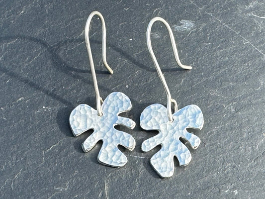 Monstera leaf dangly silver earrings