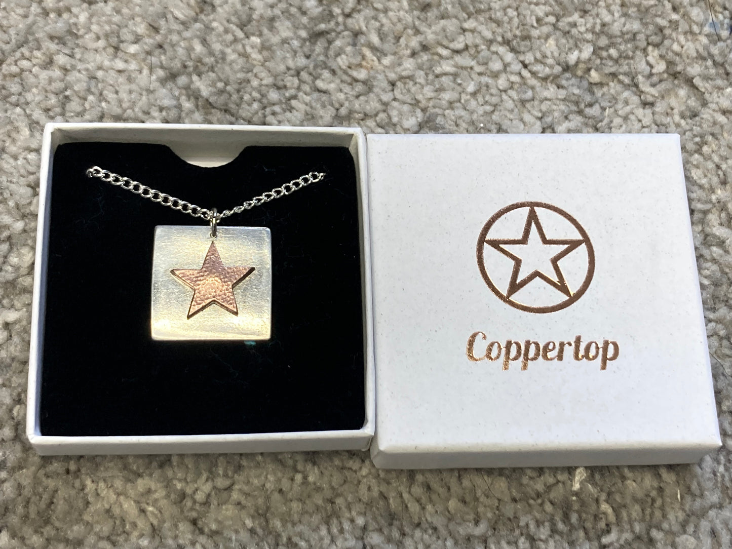 Handmade fine silver and copper star square pendant necklace