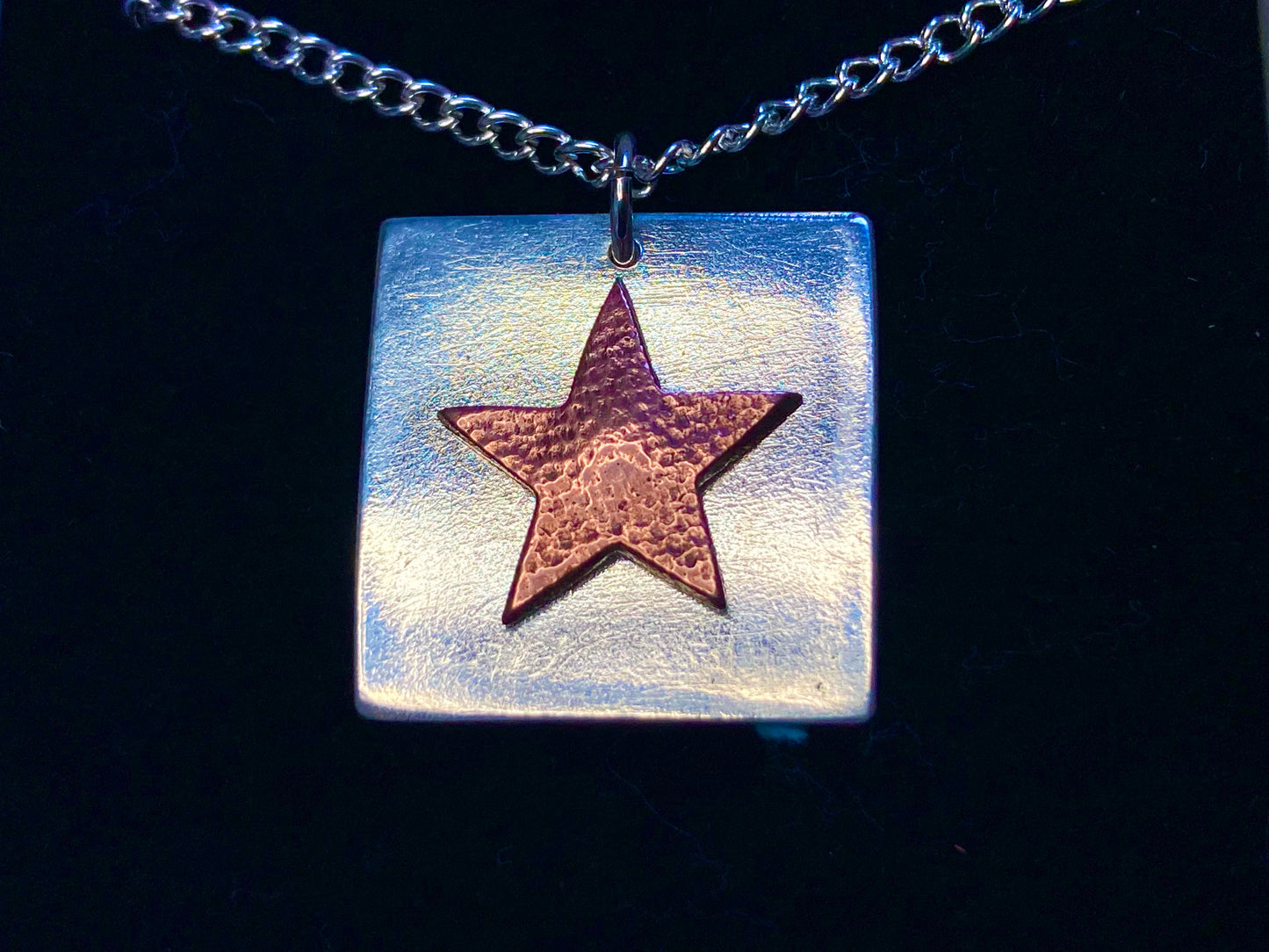Handmade fine silver and copper star square pendant necklace