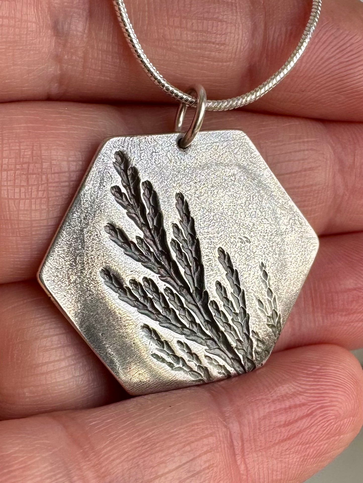 Evergreen imprint on Hexagon Silver Pendant