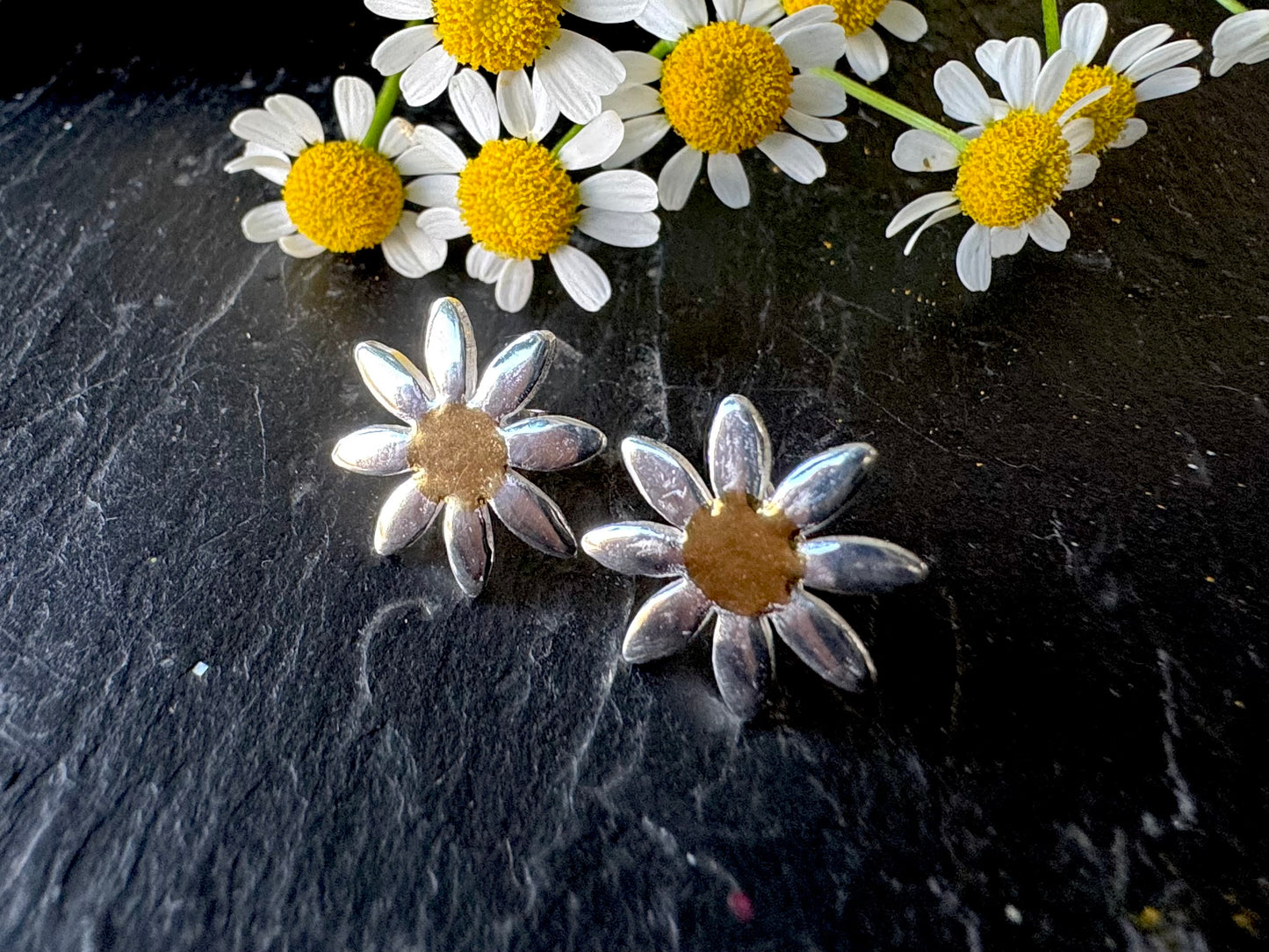 Handmade Silver and Gold Daisy Stud Earrings