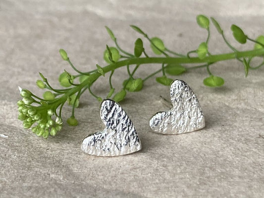 Handmade fine silver ripple heart stud earrings