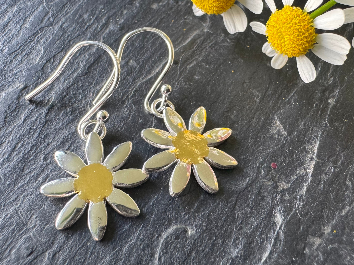 Handmade Silver and Gold Daisy dangly earrings