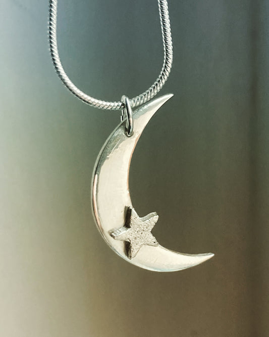 Fine silver moon and star necklace