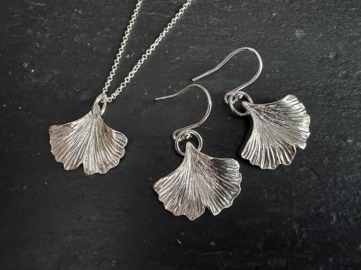 Ginkgo leaf silver drop earrings
