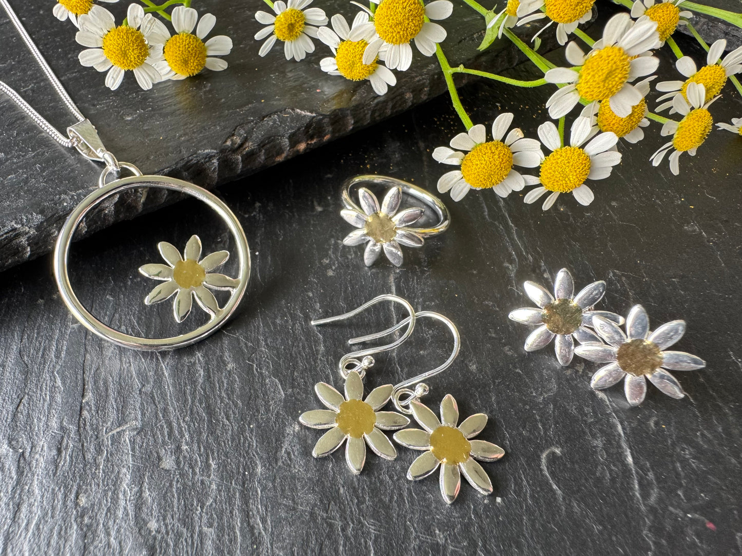 Handmade Daisy in hoop pendant - sterling silver and 24k gold detail