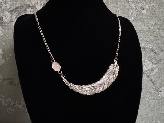 Handmade silver feather and rose quartz necklace