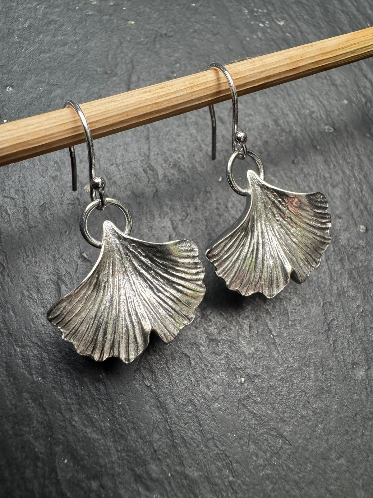 Ginkgo leaf silver drop earrings