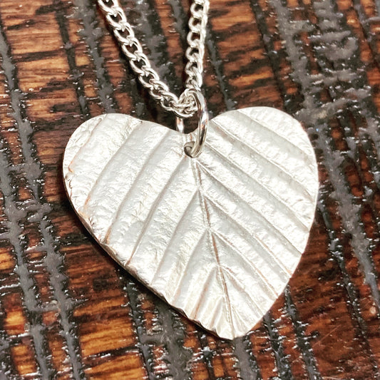 Handmade Fine Silver Heart Beech Leaf imprint Pendant Necklace