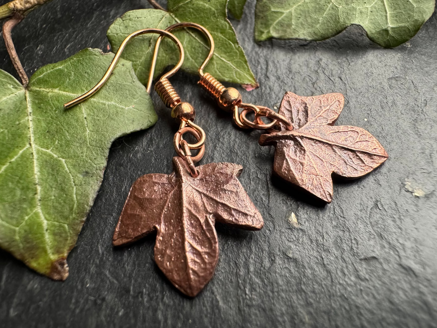 Ivy leaf copper dangly earrings